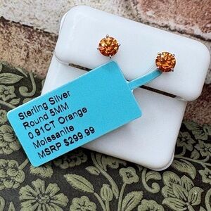 Orange Moissanite Stud Earrings 0.91 Carat (5.0mm) 925 Sterling Silver NEW